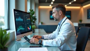 Medical Director reviewing a biological age dashboard showing DunedinPACE results to improve patient retention for longevity clinics.