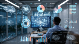 Futuristic dashboard showing AI neural networks analyzing biomarkers, with charts on predictive analytics and multi-omics data in a clinical setting.
