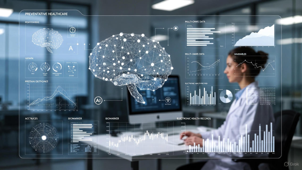 Clinician reviewing AI-powered preventive healthcare interface with neural brain visualization, EHR data graphs, and biomarker trends on a holographic screen.