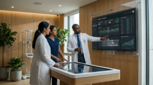 A modern longevity clinic team reviewing a biomarker dashboard and patient assessment timeline on a sleek AI-powered platform interface.