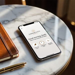 A premium smartphone displaying a custom-branded longevity clinic application interface resting on a luxurious marble desk.