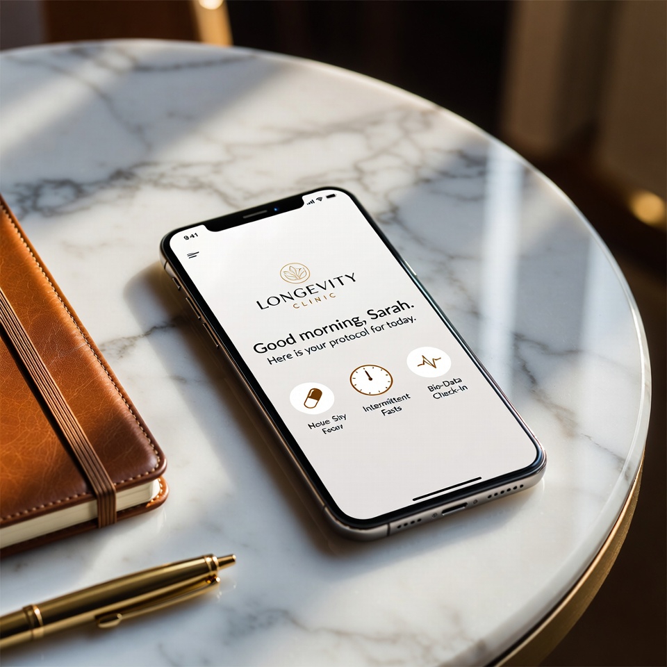 A premium smartphone displaying a custom-branded longevity clinic application interface resting on a luxurious marble desk.
