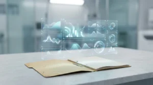 A sleek, modern holographic digital dashboard floating above a traditional manila medical file folder resting on a minimalist surface.