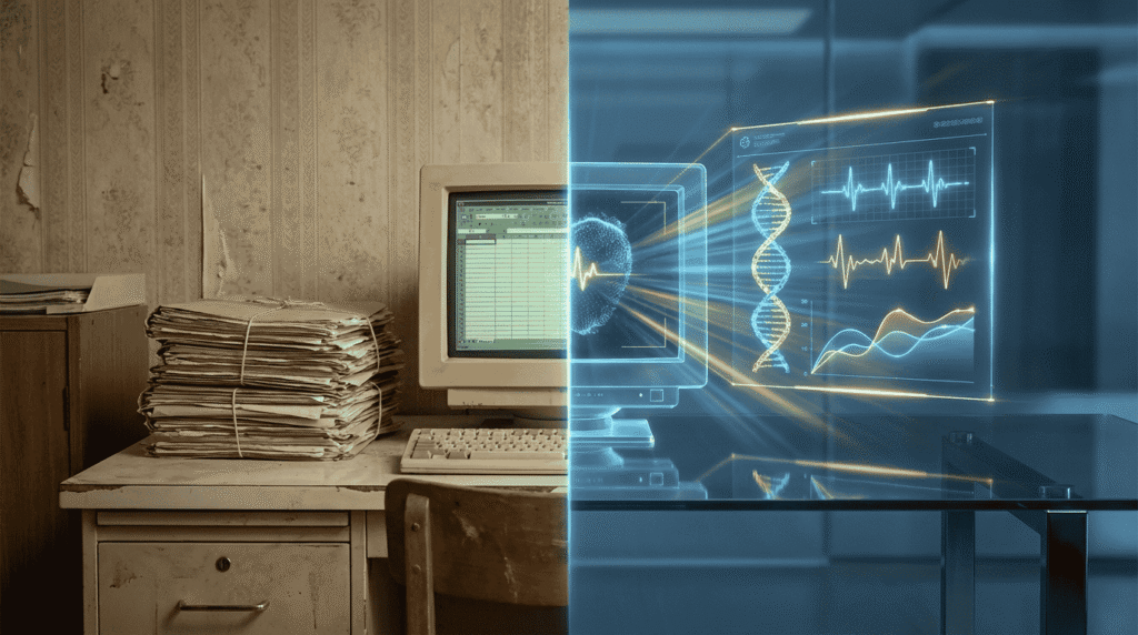 A split composition showing the evolution of medical data.