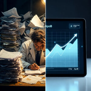 A split-screen comparison showing disorganized paper lab reports versus a modern digital dashboard with a biomarker trend graph showing ApoB levels over time.