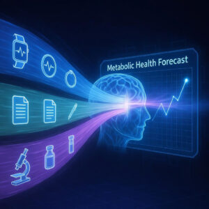 An illustration showing disparate data streams from wearables, clinical notes, and lab results converging into a central AI processor to generate predictive insights.