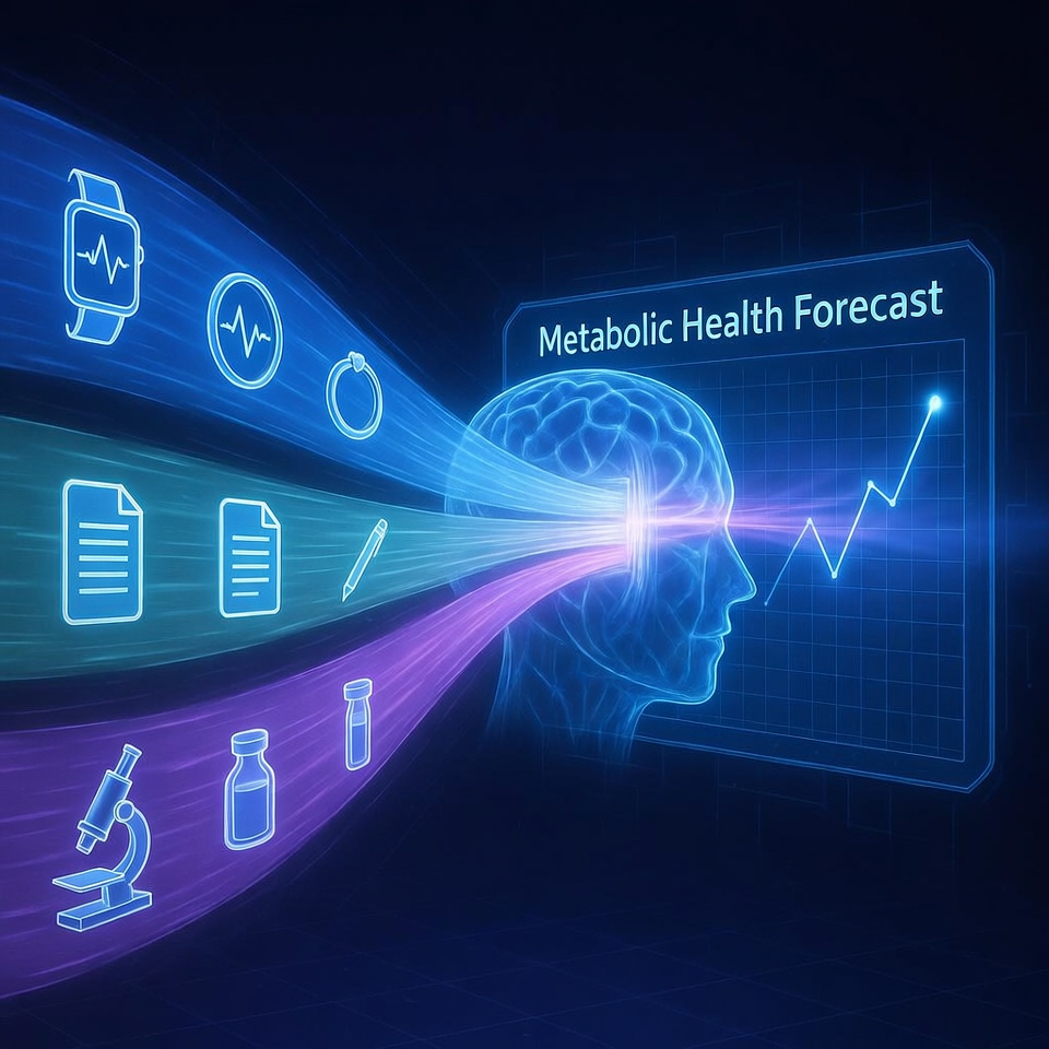 An illustration showing disparate data streams from wearables, clinical notes, and lab results converging into a central AI processor to generate predictive insights.