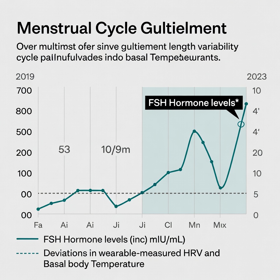 Clean medical infographic showing multi-year timeline of cycle length variability, FSH fluctuations, and overlaid wearable HRV/temperature deviations in a single patient