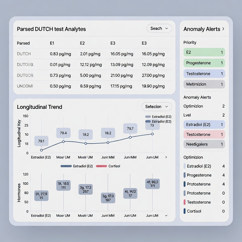 Clinician dashboard displaying parsed DUTCH analytes, longitudinal trends, and prioritized anomaly alerts for hormone optimization