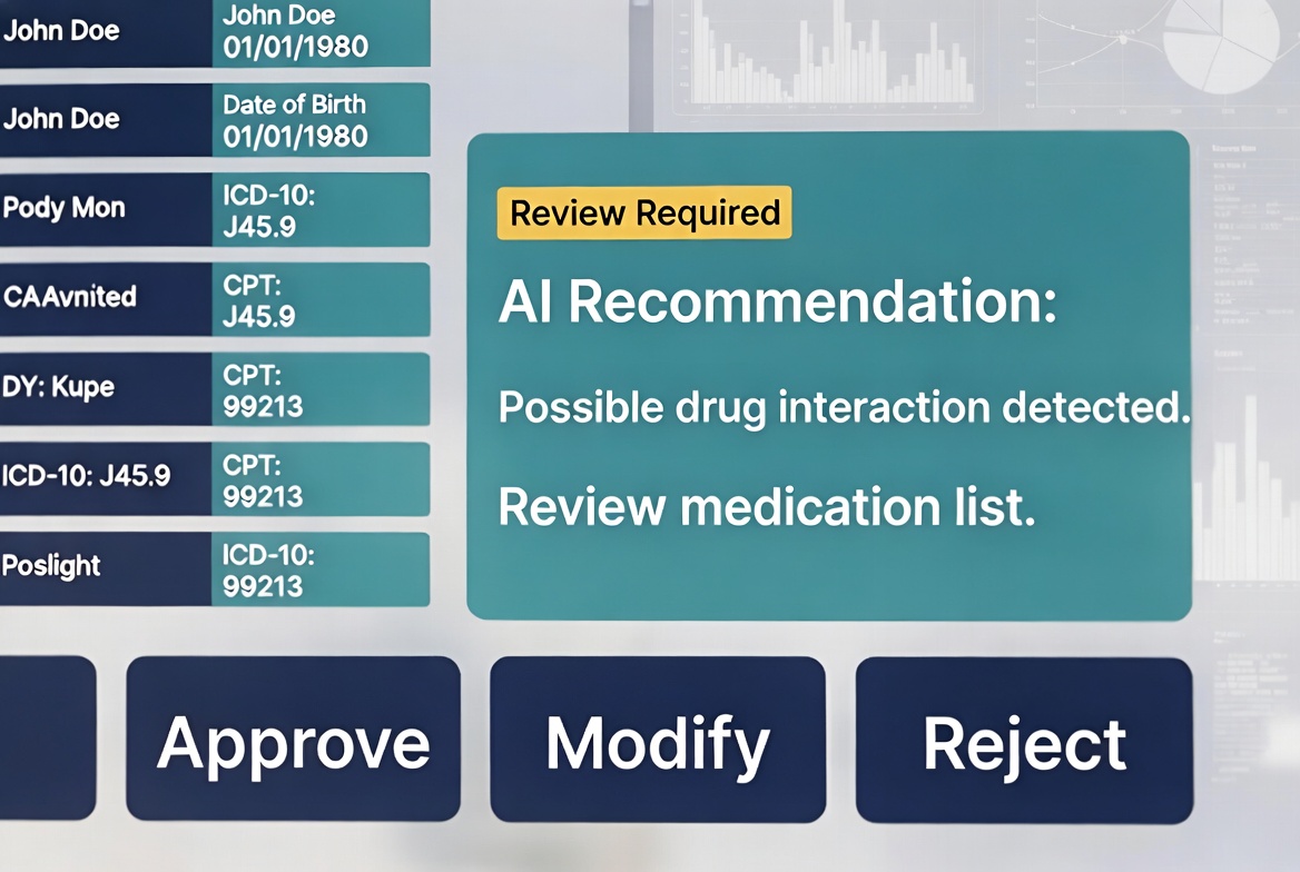 Clinician review screen mockup showing forced approval checkpoint with RED/YELLOW risk flags
