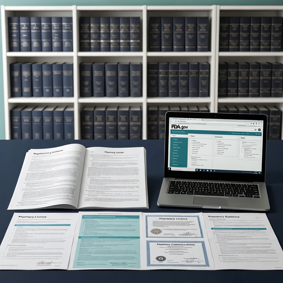 a conference room table with open regulatory guidance documents, pharmacy license certificates