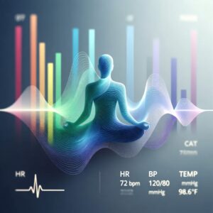 Meditation scene overlaid with HRV waveform to represent mind–body integration