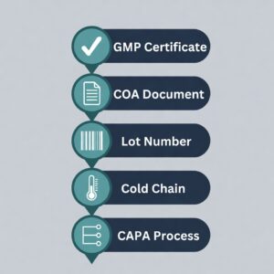 Peptide vendor vetting checklist diagram showing five core verification categories — GMP, COA, CAPA, traceability, cold chain