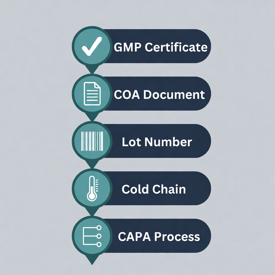 Peptide vendor vetting checklist diagram showing five core verification categories — GMP, COA, CAPA, traceability, cold chain