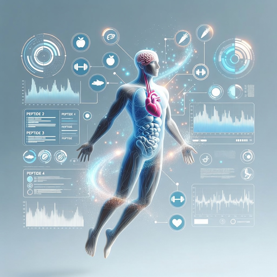 Transparent human figure surrounded by dynamic biomarker graphs and peptide molecules, expressing hyper‑personalized therapy based on each client’s unique biology.