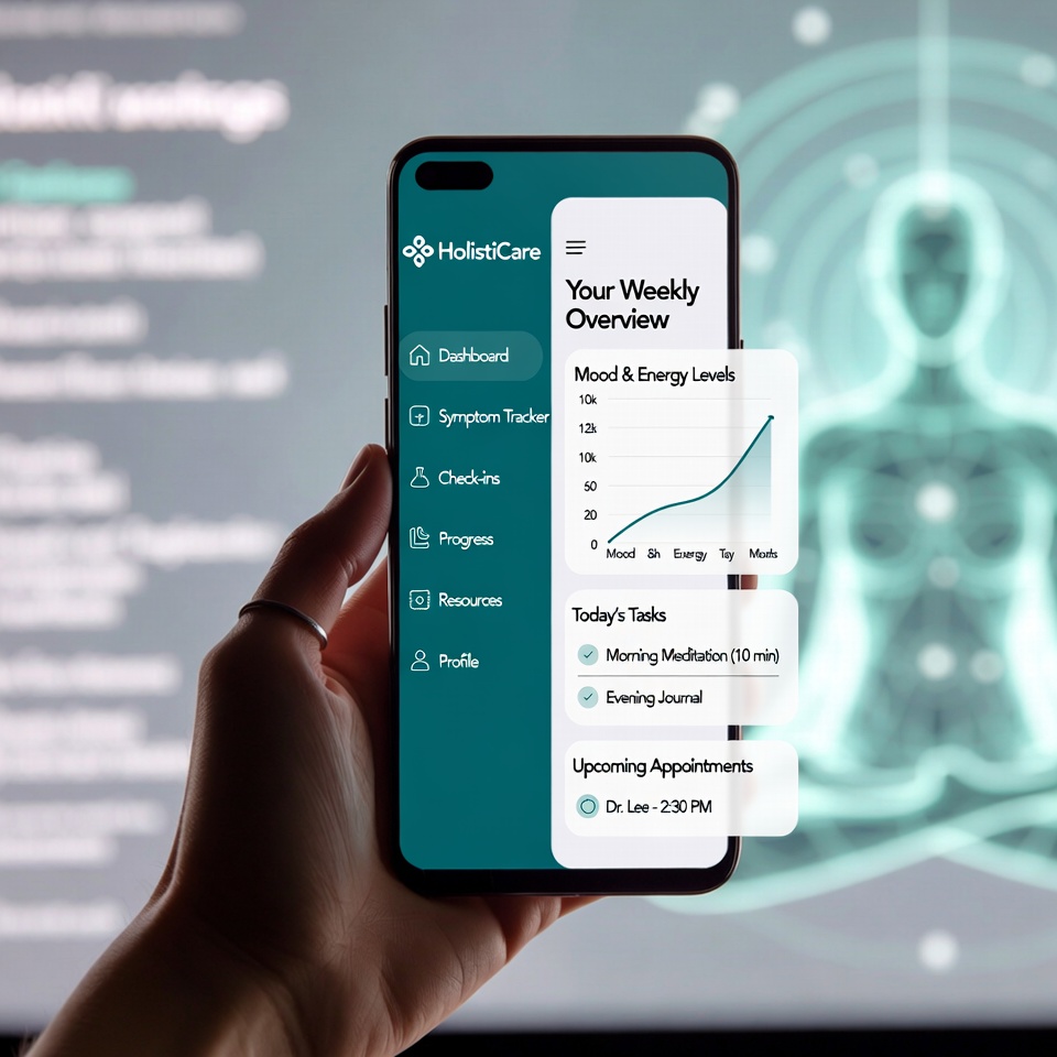 A smartphone displaying the HolistiCare mobile dashboard with symptom tracking and progress charts, showing automated, structured peptide therapy follow‑up.