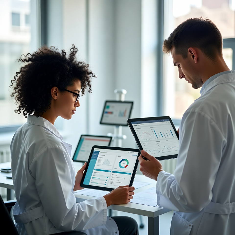 Team of clinicians using digital peptide dashboards collaboratively in a bright, modern clinic, representing scalable and consistent clinical workflows powered by HolistiCare.