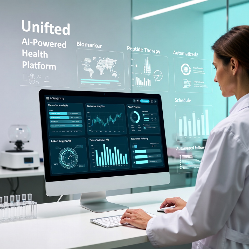 Modern longevity clinic using HolistiCare’s AI‑powered platform to deliver personalized peptide therapy at scale, combining biomarker data, automated follow‑up, and clinician‑led oversight.