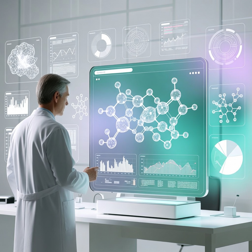 Clinician reviewing holographic biomarker dashboard with AI‑generated peptide therapy plan inside a futuristic medical workspace, symbolising personalised and scalable peptide care through HolistiCare.