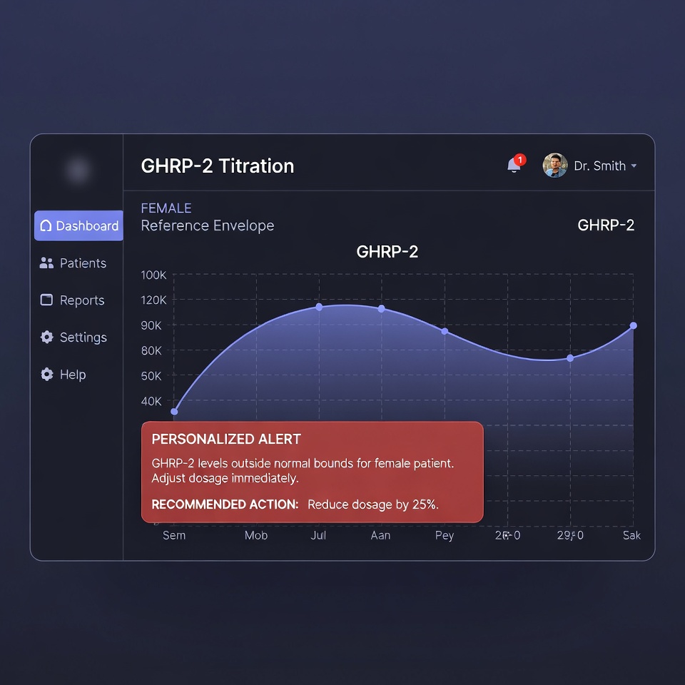 Clean clinician dashboard displaying female-specific reference envelope and personalized alert for GHRP titration