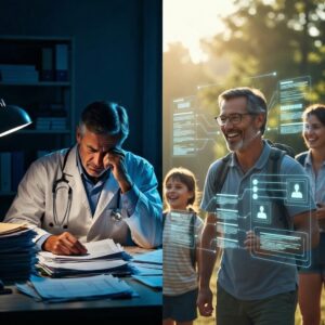 A split composition. Left: A tired doctor buried in paperwork late at night. Right: The same doctor hiking or with family, while a stylized, glowing holographic interface processes patient data in the background.