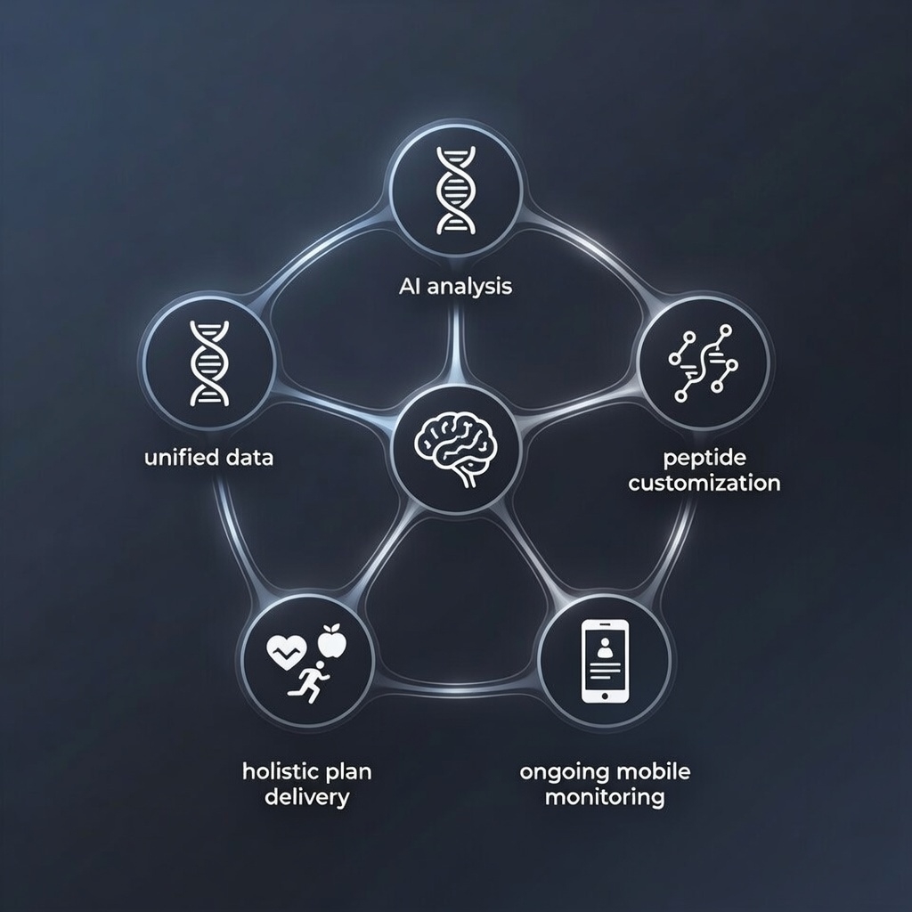 Circular network of icons illustrating HolistiCare workflow — unified patient data, AI peptide analysis, custom therapy, holistic health plan, and automated monitoring.