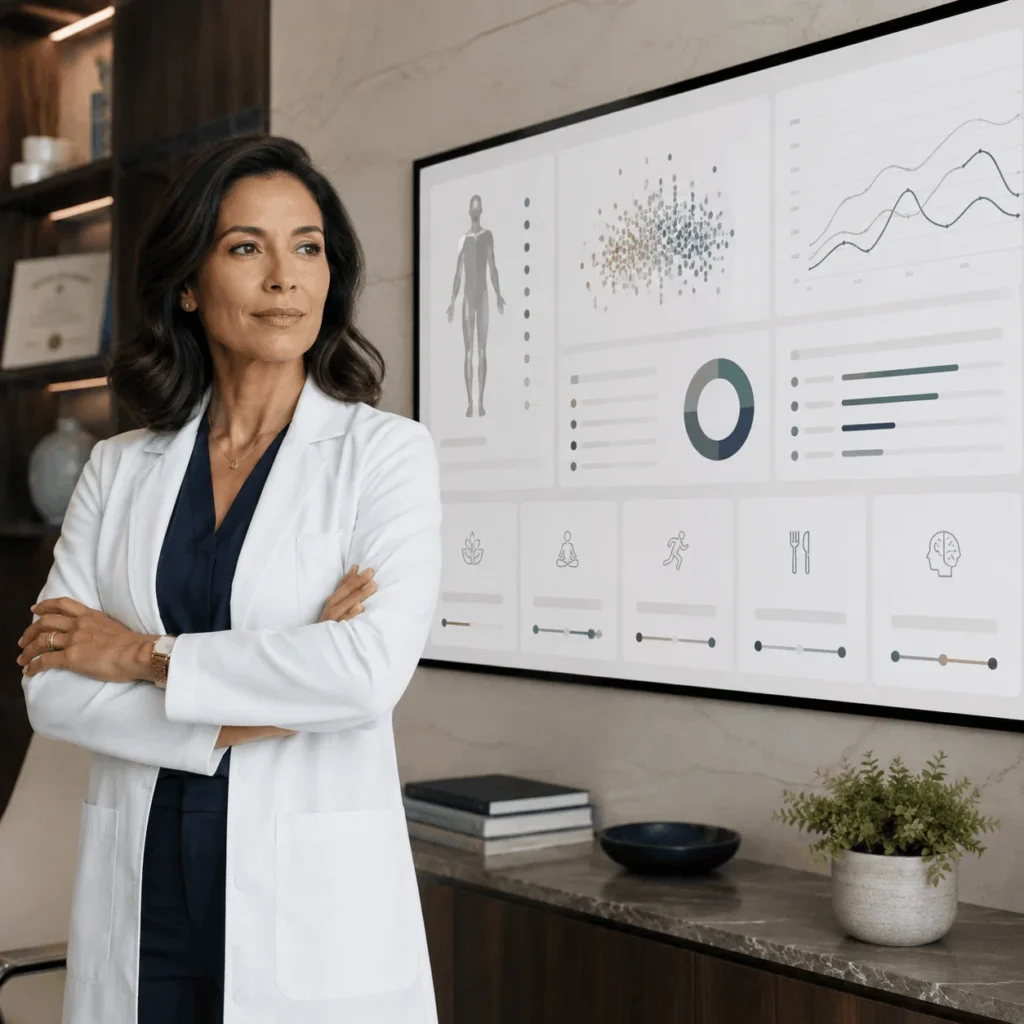 Modern healthcare office with digital dashboard