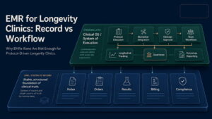 Hero graphic showing EMR as the system of record and an operating layer coordinating protocols, biomarker data, workflows, governance, and outcomes for longevity clinics.