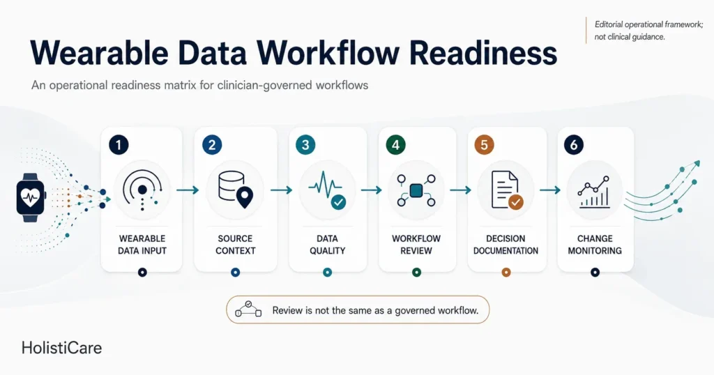 Wearable data moving through source context, data quality, workflow review, clinician decision documentation, and change monitoring.