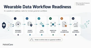Wearable data moving through source context, data quality, workflow review, clinician decision documentation, and change monitoring.