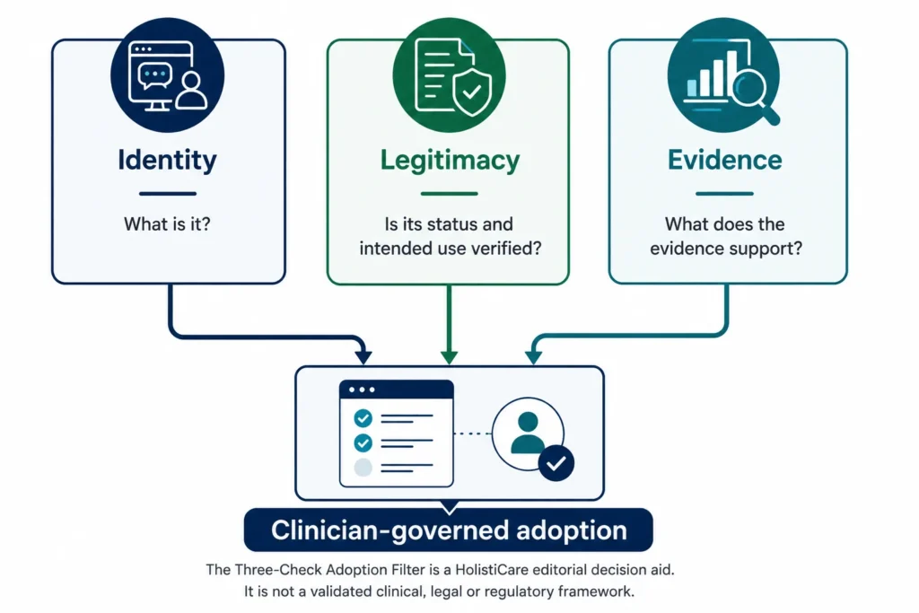 Three-check adoption filter showing Identity, Legitimacy and Evidence converging on clinician-governed adoption.