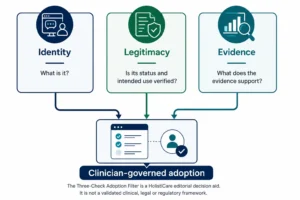 Three-check adoption filter showing Identity, Legitimacy and Evidence converging on clinician-governed adoption.