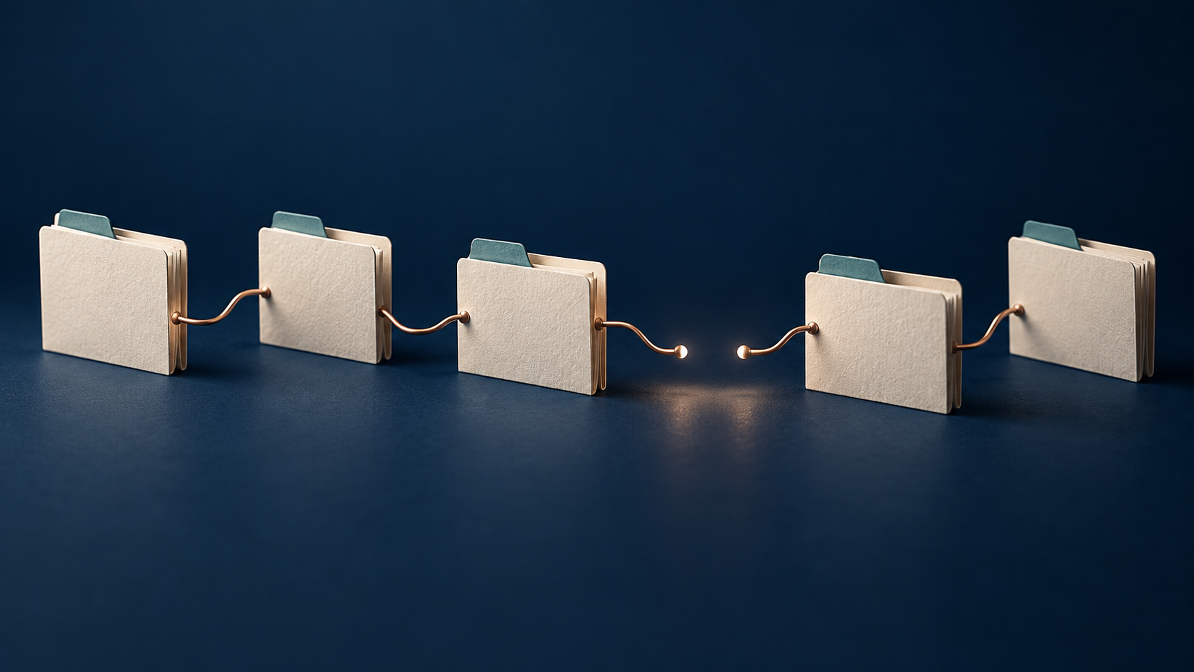 Five blank record folders linked across a visible gap illustrate test-to-retest workflow handoffs.