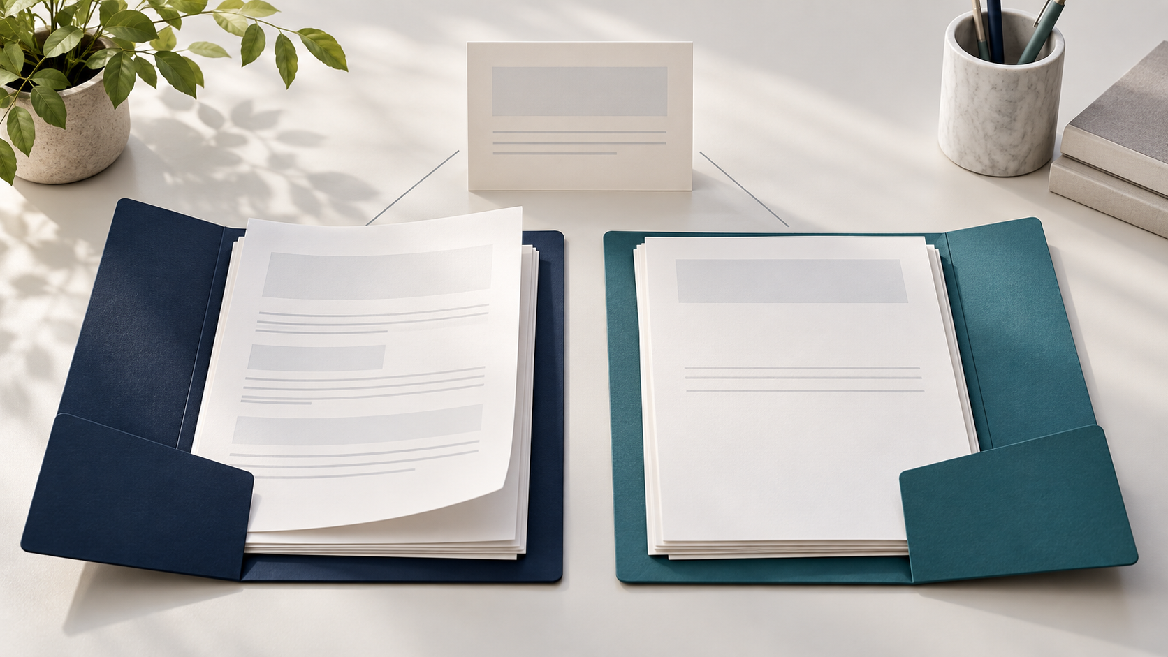 Navy and teal proposal folders with blank papers beside a shared scenario card on an off-white desk.