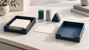 Two navy desk trays, blank cards and three geometric markers, with one card between the trays.