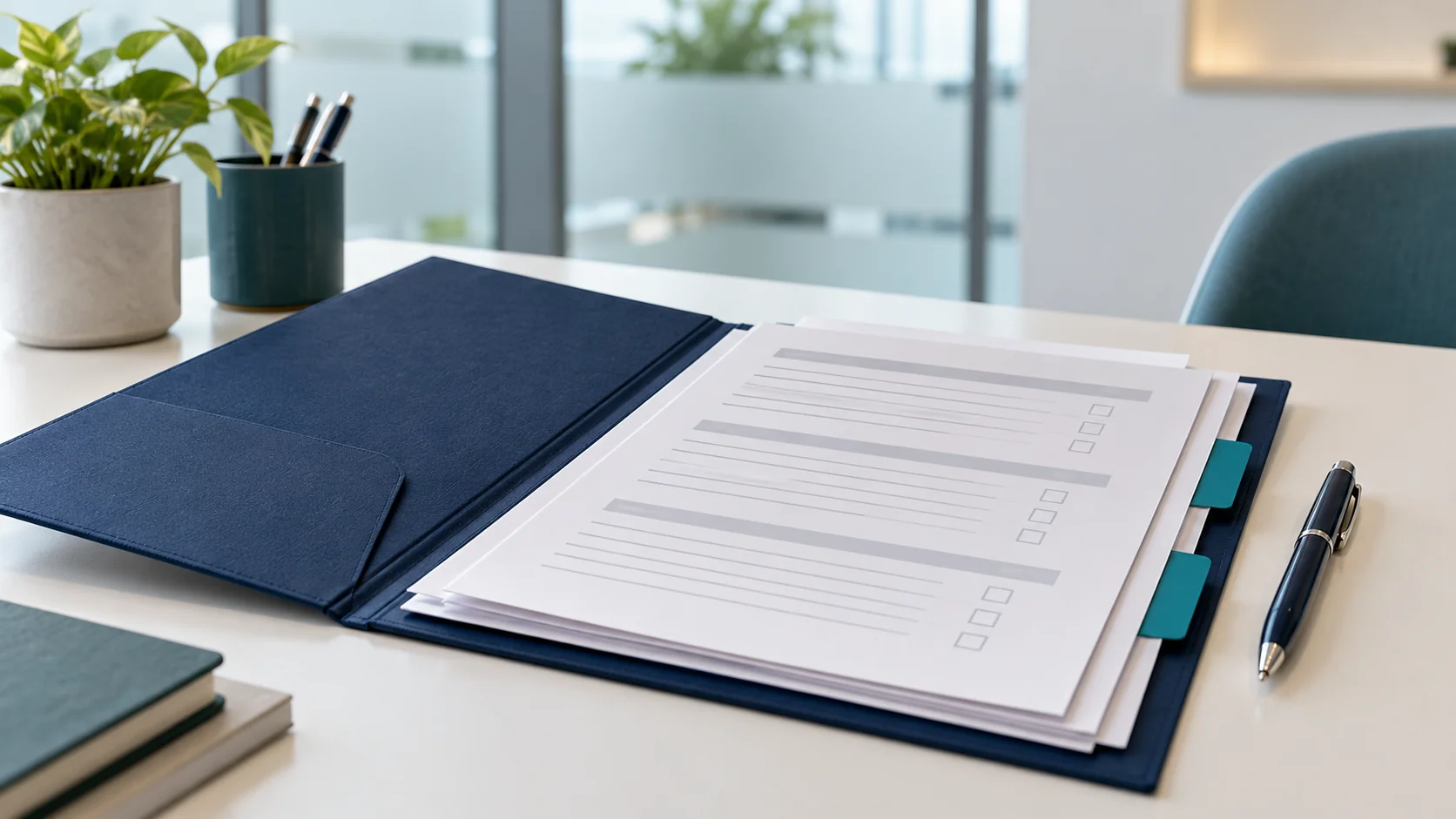 Open navy folder with checklist papers, teal tabs and a pen on a light desk.