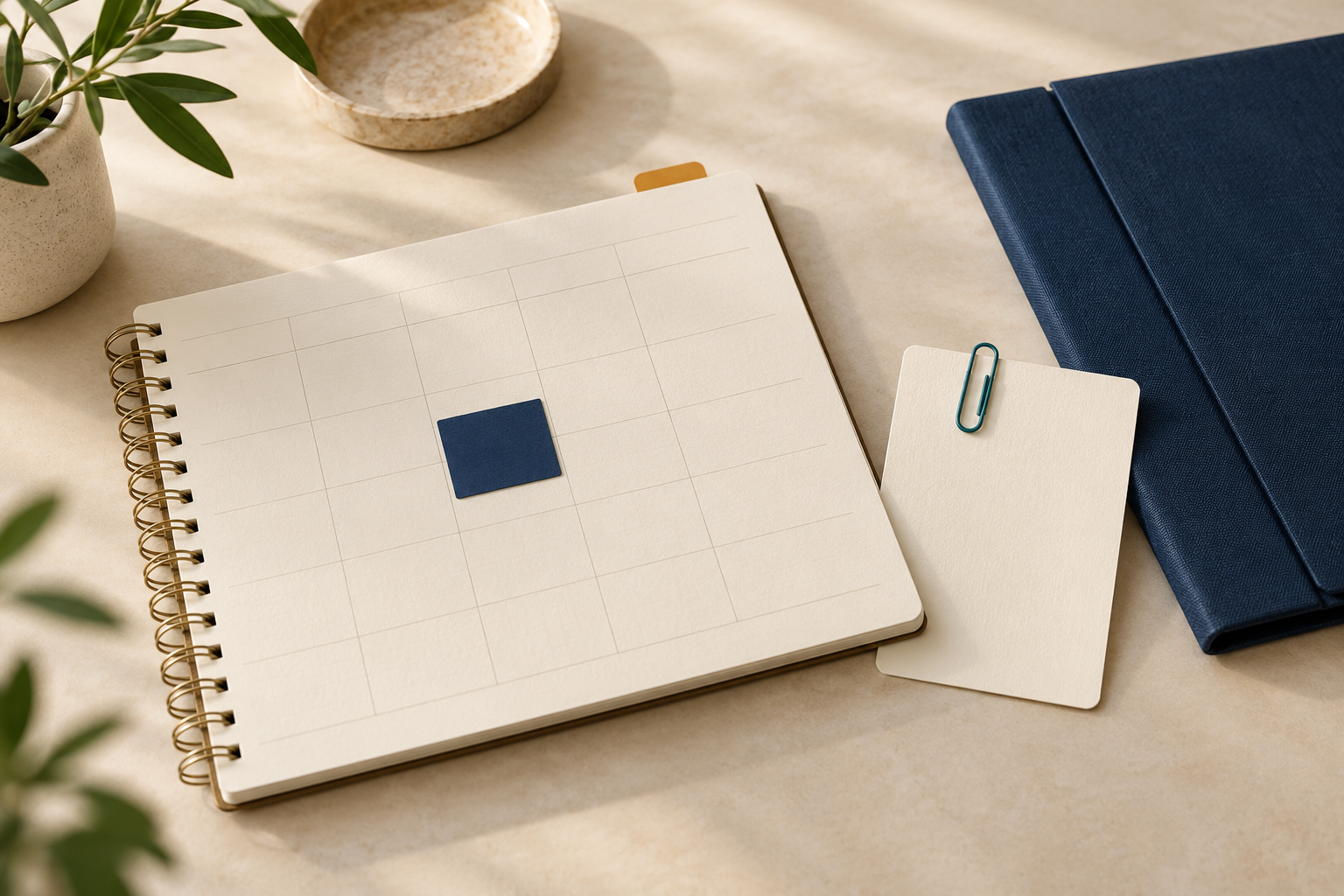 A blank planner with a navy appointment card beside a separate preparation card with a teal paperclip and a navy folder.