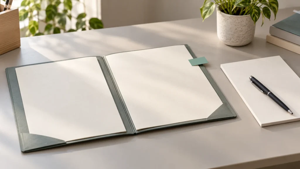 Open folder with blank papers, a teal tab and a notepad on a quiet desk.