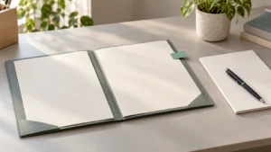 Open folder with blank papers, a teal tab and a notepad on a quiet desk.