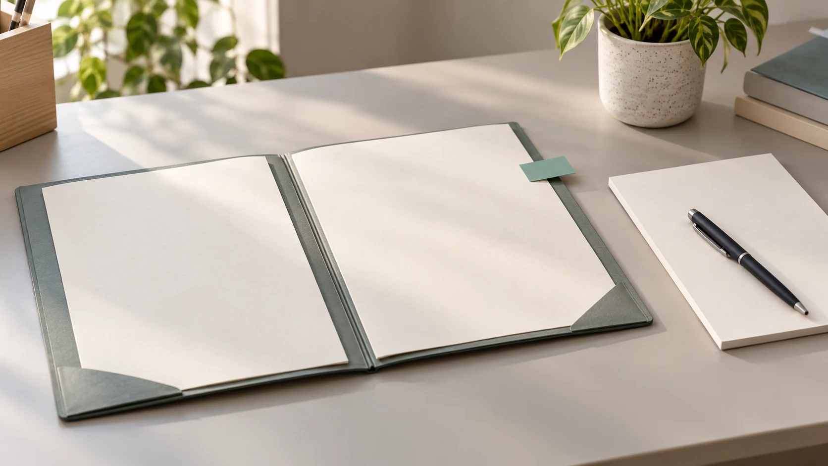 Open folder with blank papers, a teal tab and a notepad on a quiet desk.