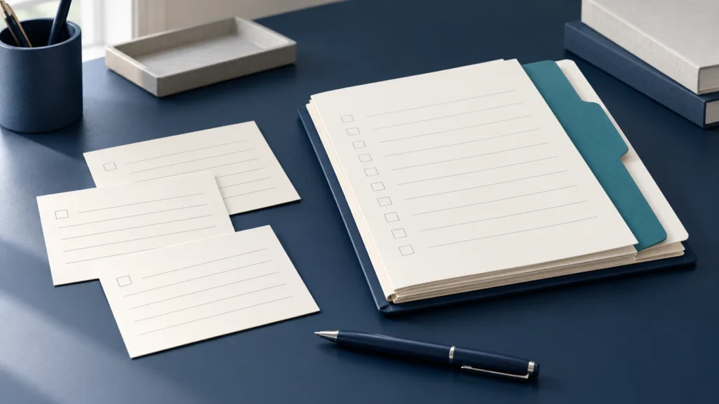 Blank ruled cards and a paper folio with a teal divider on a navy desk.