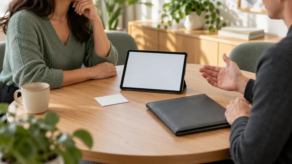 Two adults talk across a light wood table beside a tablet with a blank screen, one blank card and a closed black folder.