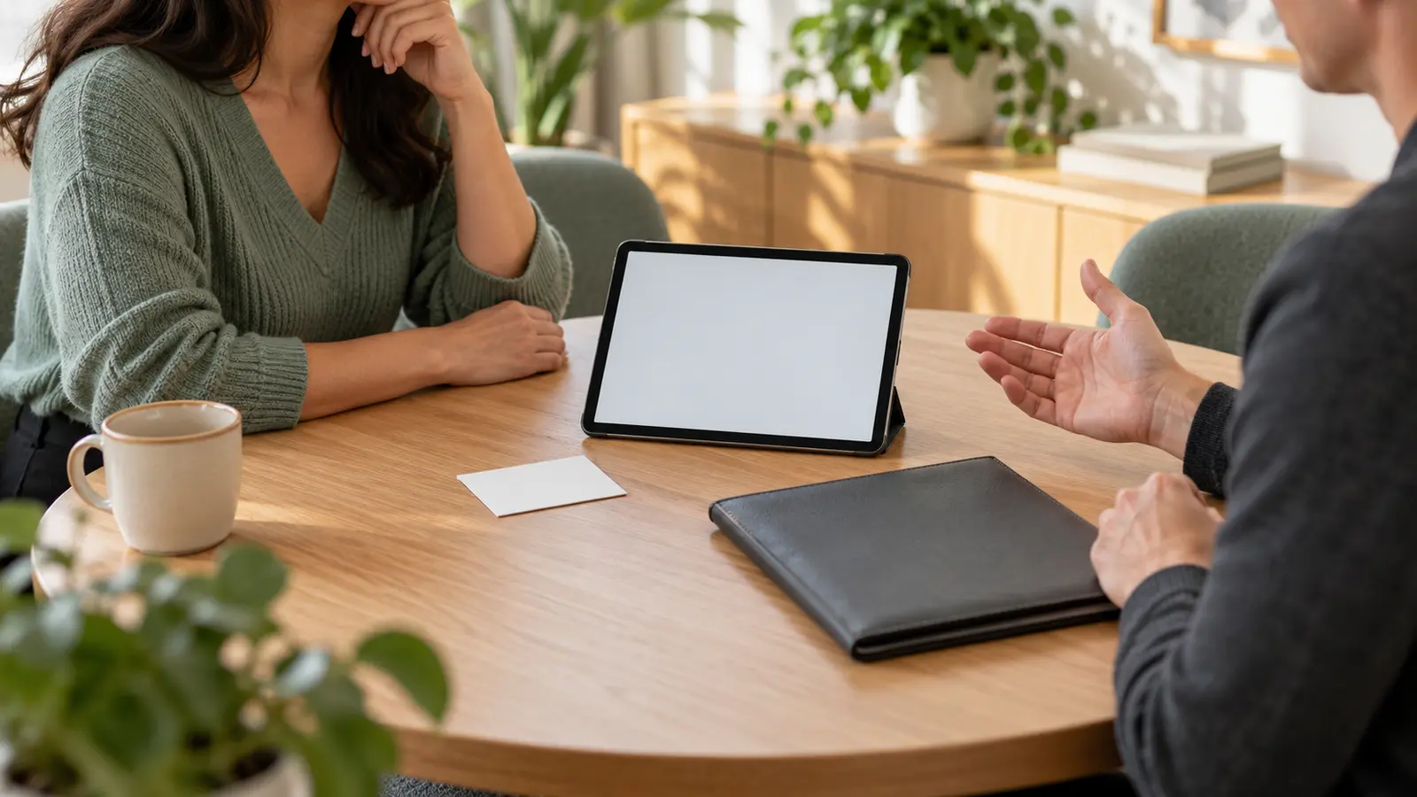 Two adults talk across a light wood table beside a tablet with a blank screen, one blank card and a closed black folder.