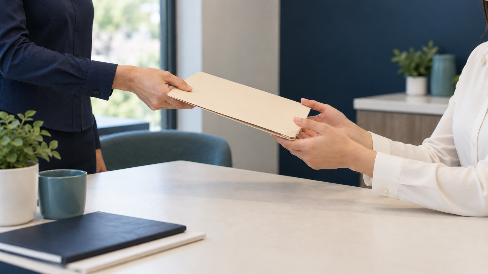Illustrative image of a folder being handed between two team members at a clinic table.