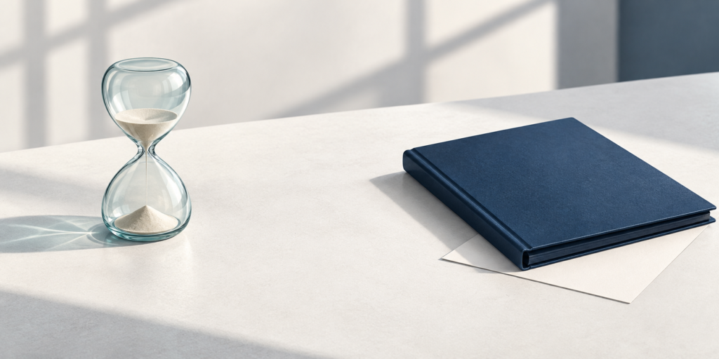 An hourglass and a separate closed navy record book on a pale desk, illustrating that staff time and spending require separate evidence.