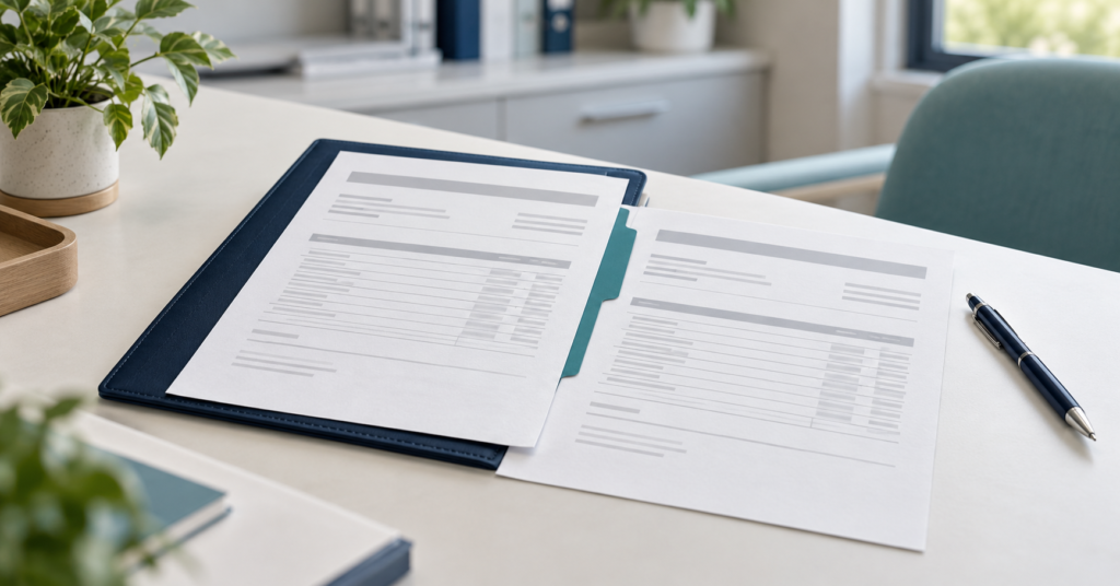 Two report pages on a navy folder beside a pen in a softly lit clinical office.