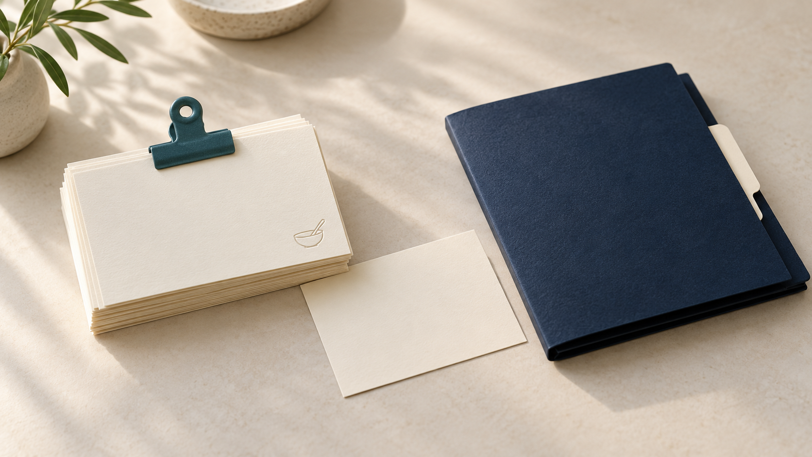 A stack of blank cream recipe cards with a teal clip, a loose card and a separate closed navy folder on a pale desk.