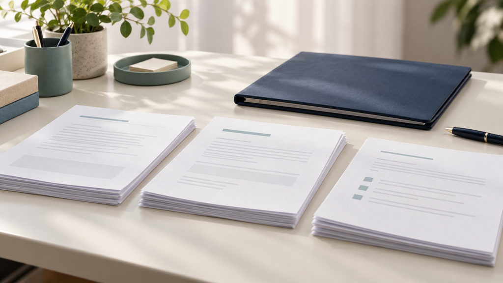 Three groups of documents beside a closed navy folder and pen on a softly lit desk.