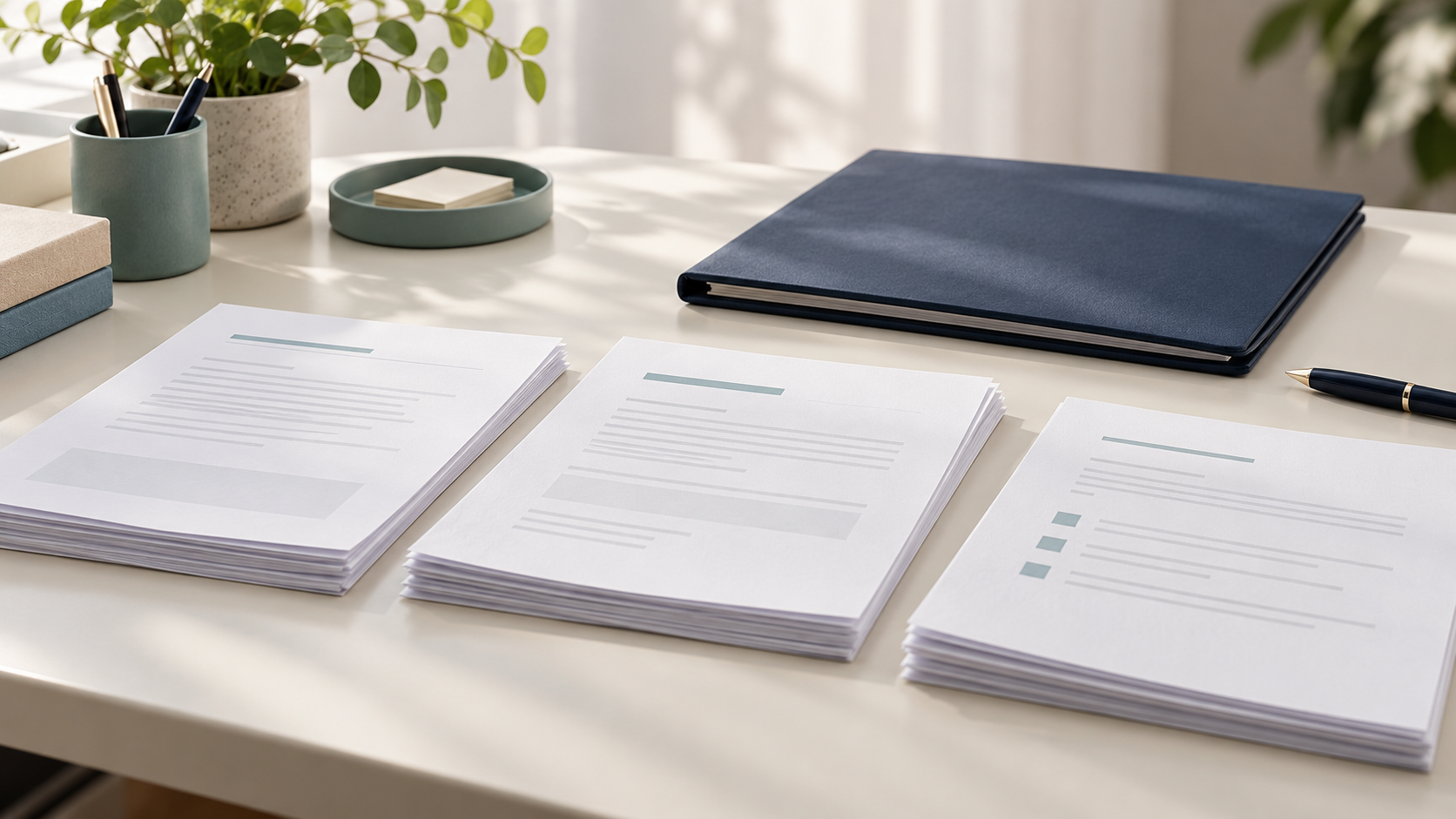 Three groups of documents beside a closed navy folder and pen on a softly lit desk.