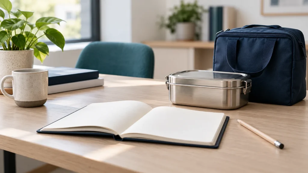 Blank notebook, closed lunch bag and food container on a workday planning desk.